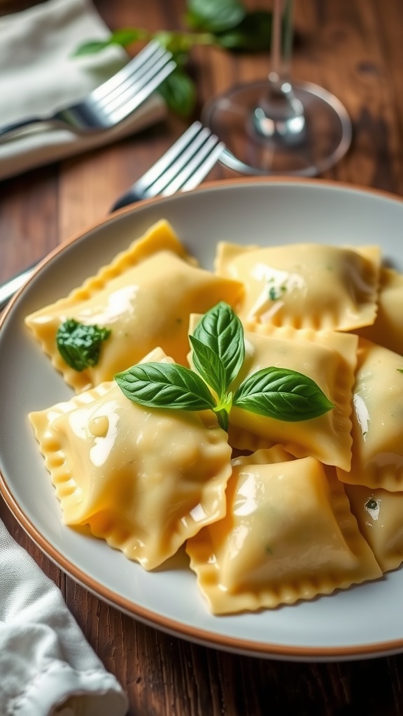 Homemade spinach and ricotta ravioli with butter sauce and basil on a rustic wooden table.